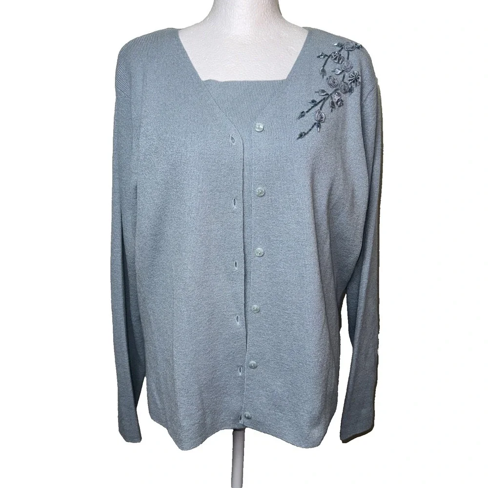 Vtg John Paul Richard Uniform Blue‎ Knit Cardigan Shell Set XL Coquette Coastal